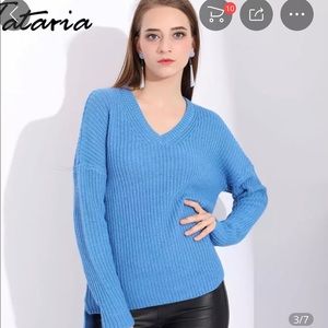 Warm V Neck loose fit Knit Sweater Pullover Blue